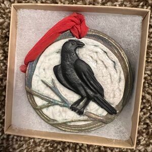 Raven Ornament with Red Ribbon